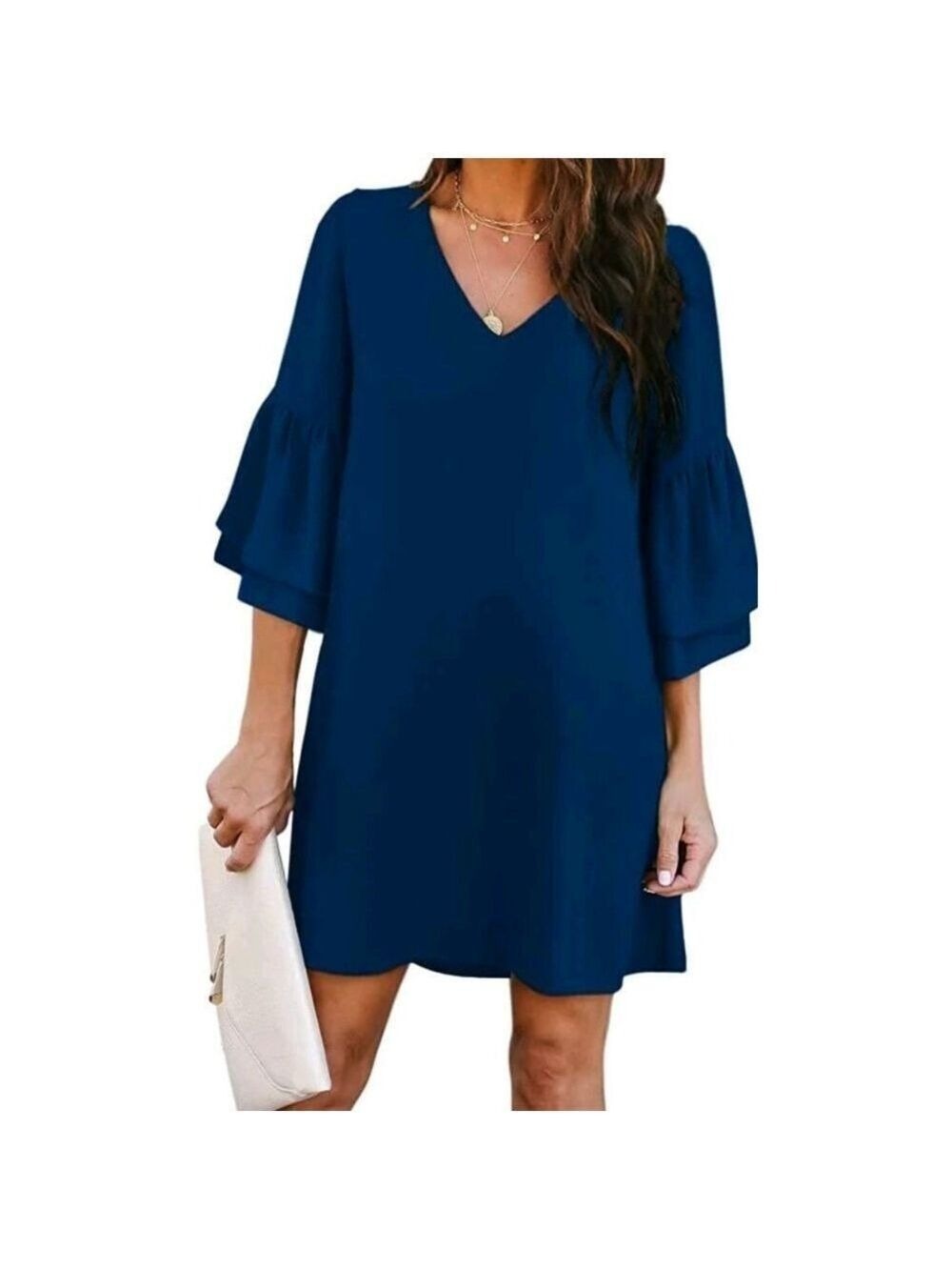 Women NWT Belongsci Mini Shift Dress. Bell Sleeves Size L Blue